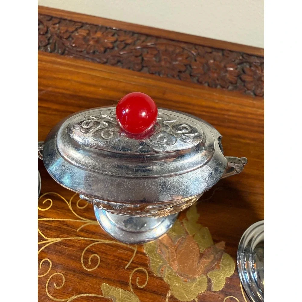 Vintage Japanese Condiment Set • Silver Plate Dragon Motif with Cobalt Glass
